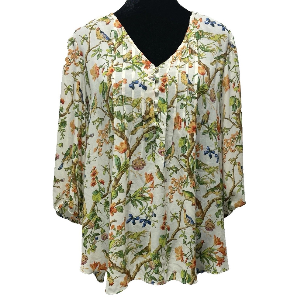 Rose & Olive Top Women Size 2X Botanical & Birds 3/4 Bell Sleeve Boho - NWT